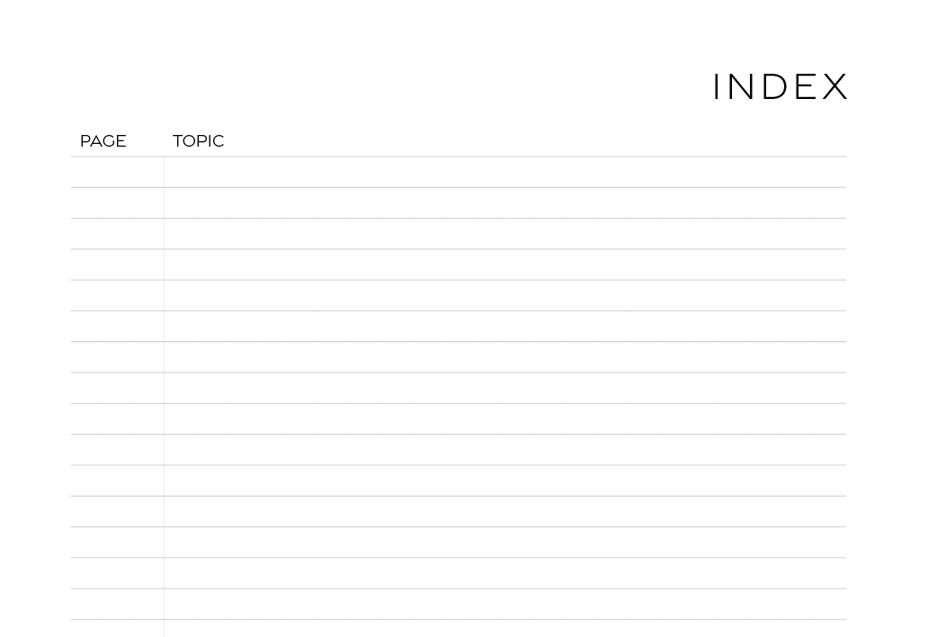 Each notebook has an index to easily reference page numbers