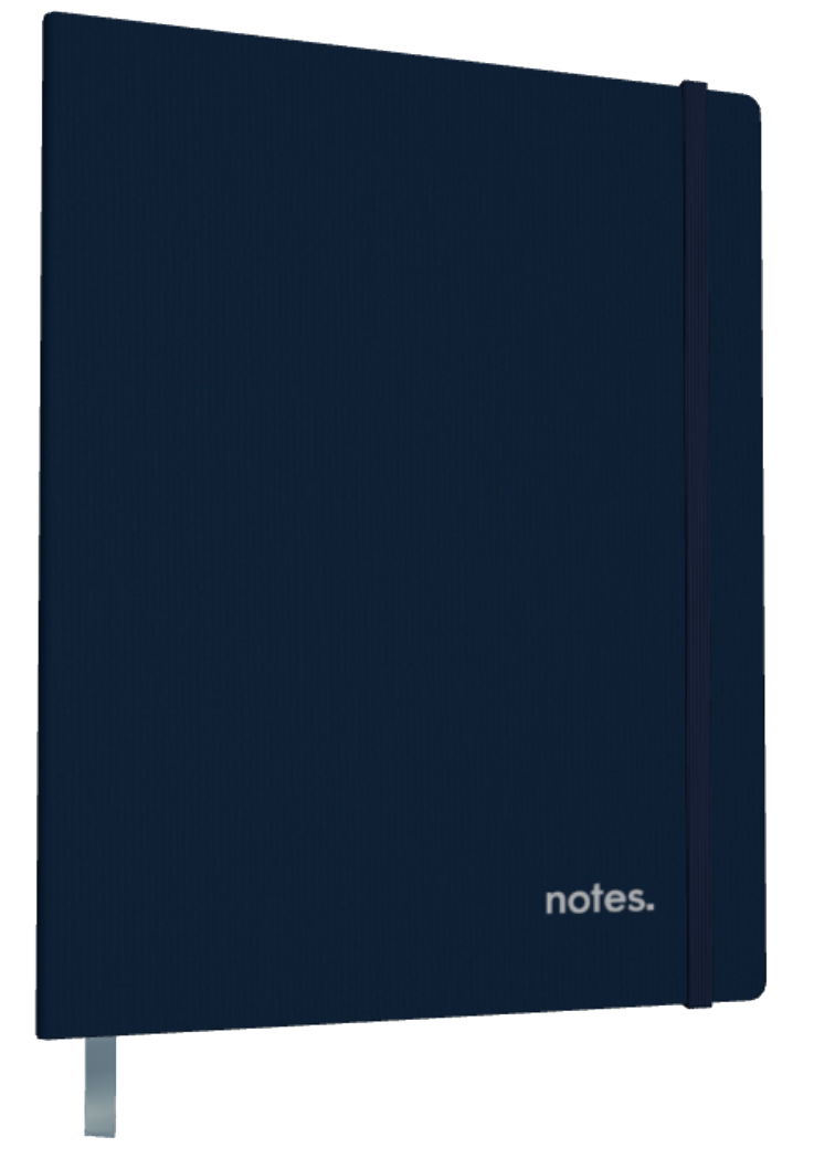 Mockup of navy blue notebook with the word notes in the lower right hand corner. Cover has a light blue bookmark ribbon hanging from the bottom and the notebook has a vertical navy elastic band.e