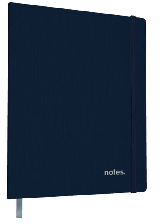 Mockup of navy blue notebook with the word notes in the lower right hand corner. Cover has a light blue bookmark ribbon hanging from the bottom and the notebook has a vertical navy elastic band.e
